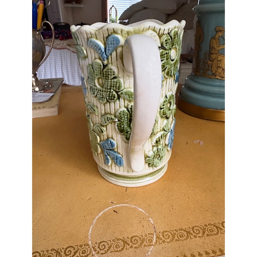 Vintage Inarco Japan E-3846 Ceramic Pitcher Vase – Raised Floral Design Blue Gre - Picture 2 of 5
